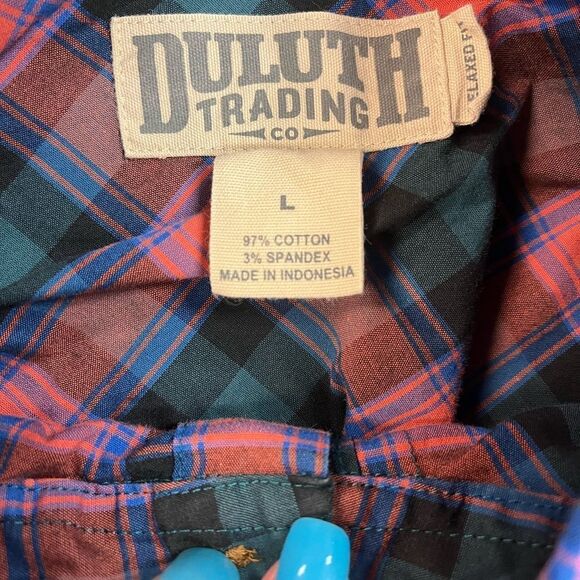 Duluth Trading Untucked Relaxed Fit Hidden Pocket Plaid Button Down Shirt sz L - Picture 7 of 9